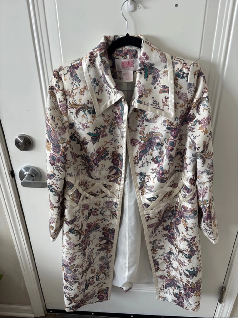 Grace Cream Floral Jacquard Trench Coat with Purple & Teal Accents